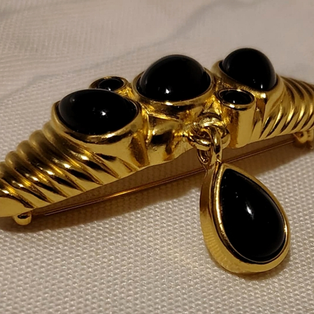 Vintage Gold Tone Black Glass Cabochon Bar Dangle Brooch Pin - Picture 5 of 8